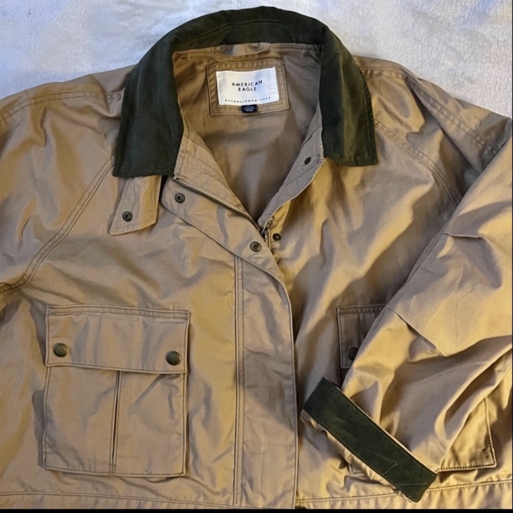 LK NW 🦅 AMERICAN EAGLE COTTON KHAKI CAMEL TAN LINED JACKET w/CORDUROY COLLAR XXL - Picture 2 of 15